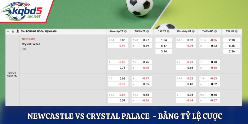 Bảng tỷ lệ cược trận đấu Newcastle vs Crystal Palace 22h00 04/01/2025
